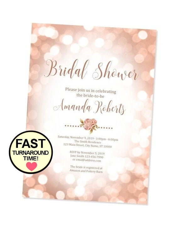 Rose Gold Bridal Shower Invitation, Custom Personalized Blush Floral Bridal Shower Invite, Bokeh Sparkle Wedding Shower Invitation Il_570xn