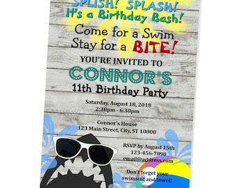 Shark Pool Party Invitation, Printable Splash Summer Birthday Party Invitation, Shark Summer Pool Party Invite, Digital or Printed