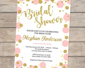 Blush Pink And Gold Bridal Shower Invitation, Pink And Gold (Digital) Glitter Dots Bridal Shower Invitations Pink (Or Any Color) & Gold Dots