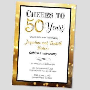 50th Wedding Anniversary Invitation, Gold Bokeh Golden Anniversary Invitation, Gold Sparkly Effect Anniversary Invite, Gold and Black Invite image 1