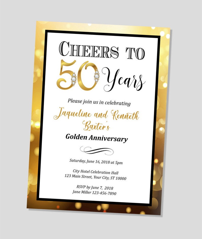 50th Wedding Anniversary Invitation, Gold Bokeh Golden Anniversary Invitation, Gold Sparkly Effect Anniversary Invite, Gold and Black Invite image 1