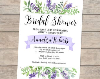 Lavender Bridal Shower Invitation, Purple Flowers Boho Floral Print Bridal Shower Invite, Custom Lavender Flowers Garden Greenery Invitation