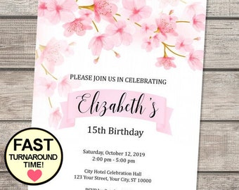 Cherry Blossoms Birthday Invitation, Pink Cherry Blossoms Party Invitation, Cherry Blossom Flowers  Invitation Custom Cherry Blossom Invites