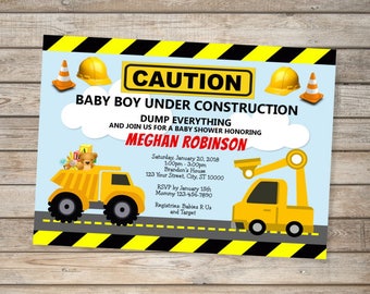 Under Construction Baby Shower Invitation, Custom Dump Truck Boy Baby Shower Invitation, Custom Construction Theme Invite For Baby Boy