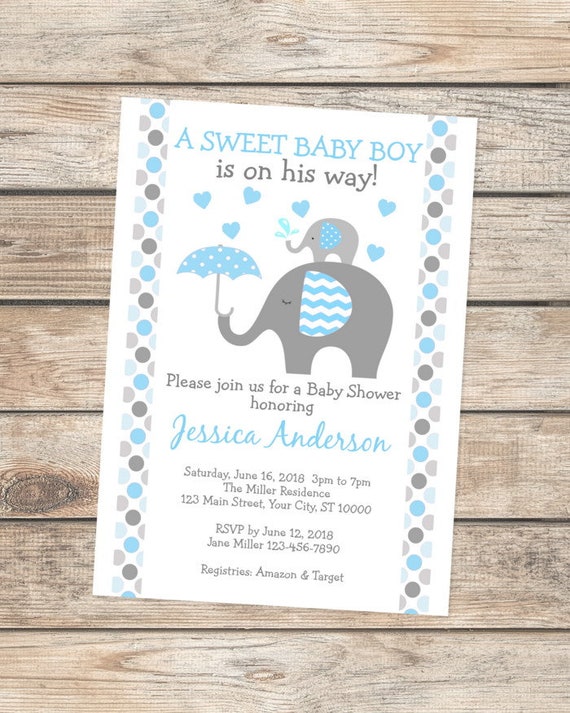 Cute Baby ELEPHANT BIRTHDAY Invitation Cute Baby Elephant Boy Invite Birthday Invite Customized Digital Invitation High Resolution