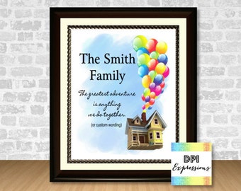 Custom Housewarming Gift, Family Adventure Quote Art Print, House And Balloons Printable Art, Family Wall Decor Poster - Printable