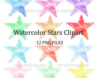 12 Watercolor Stars Clipart, Hand Painted Stars, Transparent Background Stars, Stars Clip Art, INSTANT DOWNLOAD