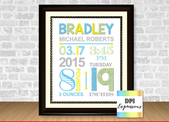Custom Baby Birth Stats Art Print, Printable Baby Boy Birth Announcement, 8"×10" Nursery Birth Art Print, Digital File Il_570xn