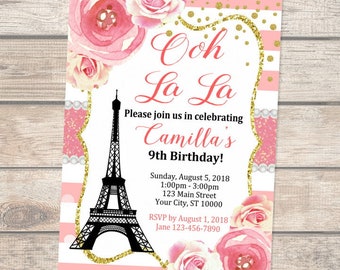 Paris Birthday Party Invitation, Eiffel Tower Invitation, French Theme Paris Ooh La La, Parisian Pink White Stripes Floral Invitation