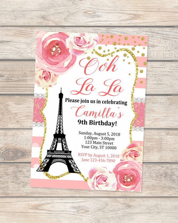Paris Birthday Party Invitation, Eiffel Tower Invitation, French Theme