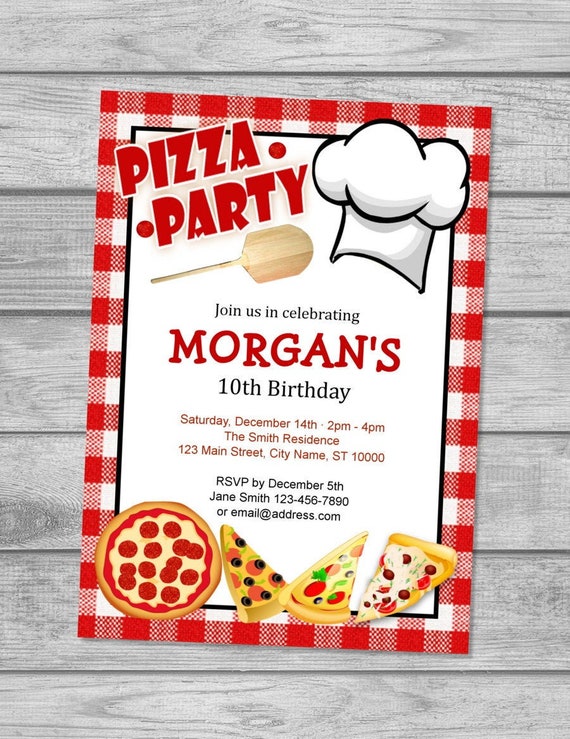 Pizza Party Invitation, Custom Pizza Birthday Party Invitation, Pizza Baking Cooking Chef Invite, Cooking Party, Red Gingham Invitation Il_570xn