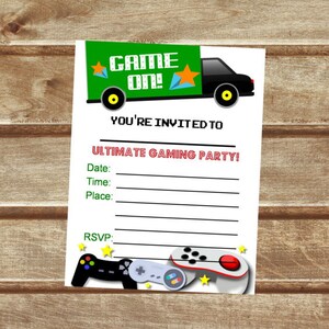 Video Game Truck Fill In Blank Invitations, Printable Gaming Birthday Party, Flat Card Invitations 4.25" x 5.5", INSTANT DOWNLOAD