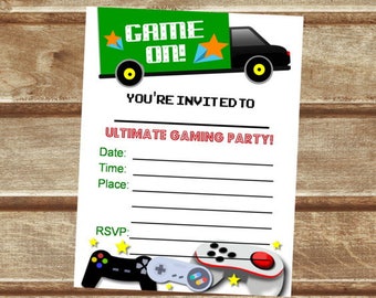 Video Game Truck Fill In Blank Invitations, Printable Gaming Birthday Party, Flat Card Invitations 4.25" x 5.5", INSTANT DOWNLOAD