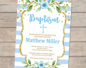 Boy Baptism Invitation, Christening Invitation For Baby Boy, Blue Stripes Baptism Invitation, Blue And Gold Baptism Invitation