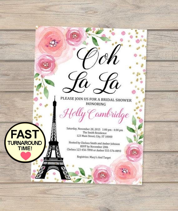 Paris Bridal Shower Invitation, Custom Floral Eiffel Towel French Bridal Shower Invite, Parisian Ooh La La Flowers And Confetti Invitation Il_570xn