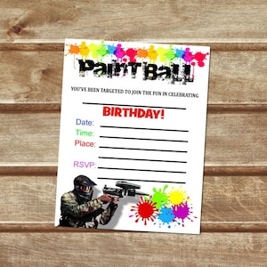 Boule de remplissage en blancs Invitations, imprimable Paintball thème fête d’anniversaire, Invitations de carte plate de peinture 4,25 "x 5.5", téléchargement immédiat