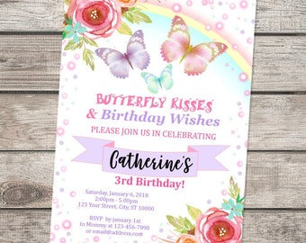 Butterfly Birthday Invitation, Whimsical Magical Butterflies Invitation, Flowers And Rainbow Butterfly Invites, Butterfly Invitation