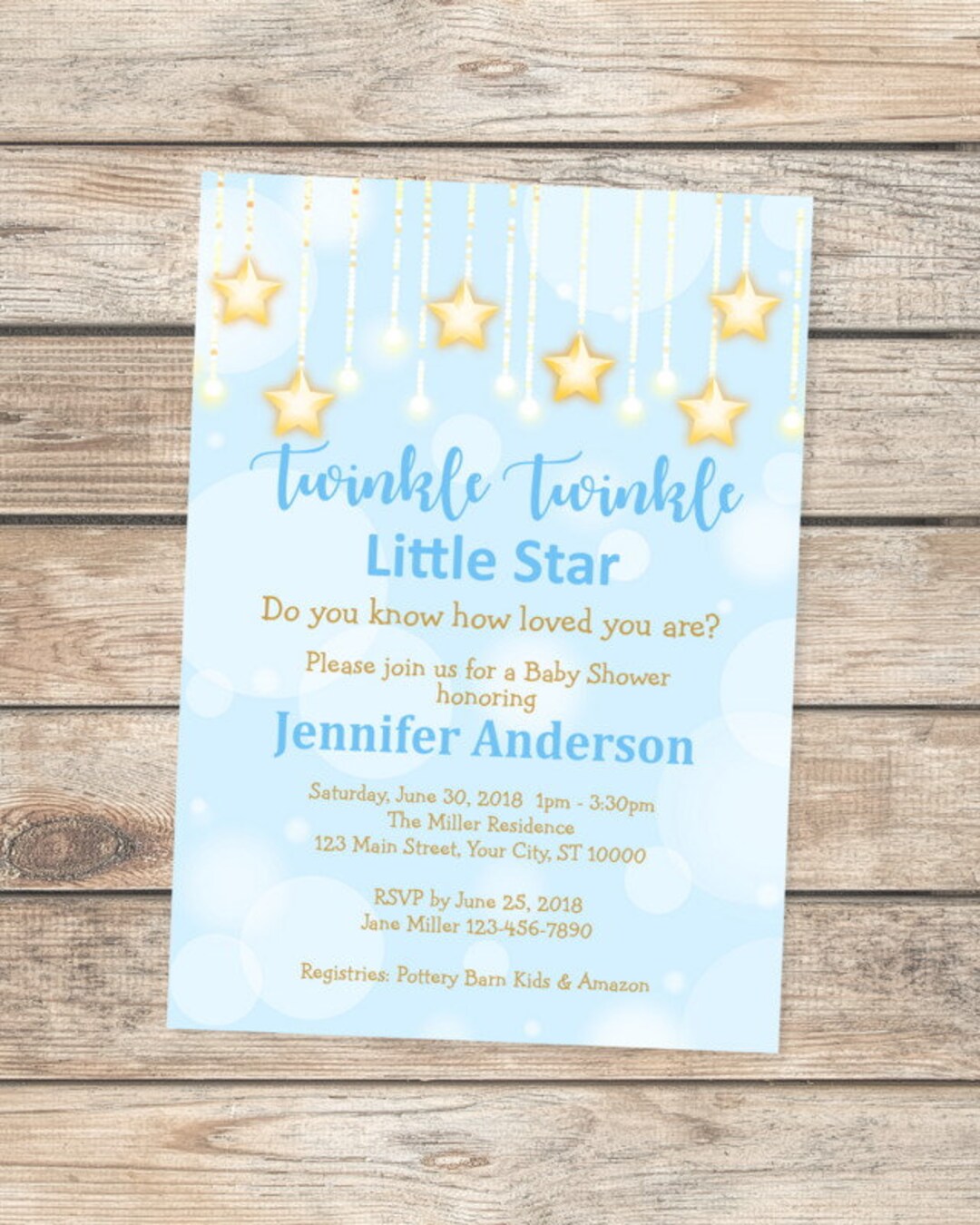 Modern Twinkle Little Star Baby Shower Invitation - Boy's Baby Shower -  Navy Blue and Yellow - Outer Space — E-Three Design Studio