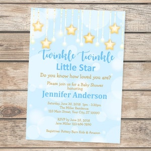 Twinkle Twinkle Little Star Baby Shower Invitation, Blue And Gold Baby Shower Invitation For Baby Boy, Twinkle Twinkle Baby Shower Invite image 1