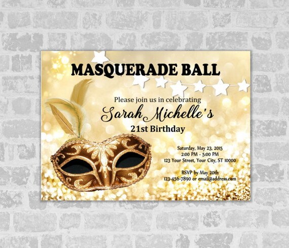 Masquerade Ball Birthday Party Invitation Gold Sparkly Bokeh Etsy