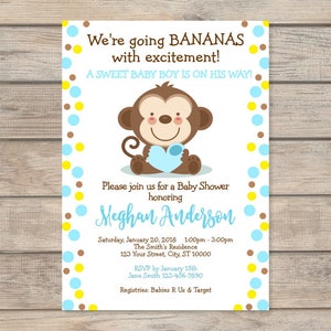 Mod Monkey Baby Shower Invitation, Baby Boy Monkey Baby Shower Invites, Blue Polka Dots, Custom Monkey Baby Shower Invitation for Boy