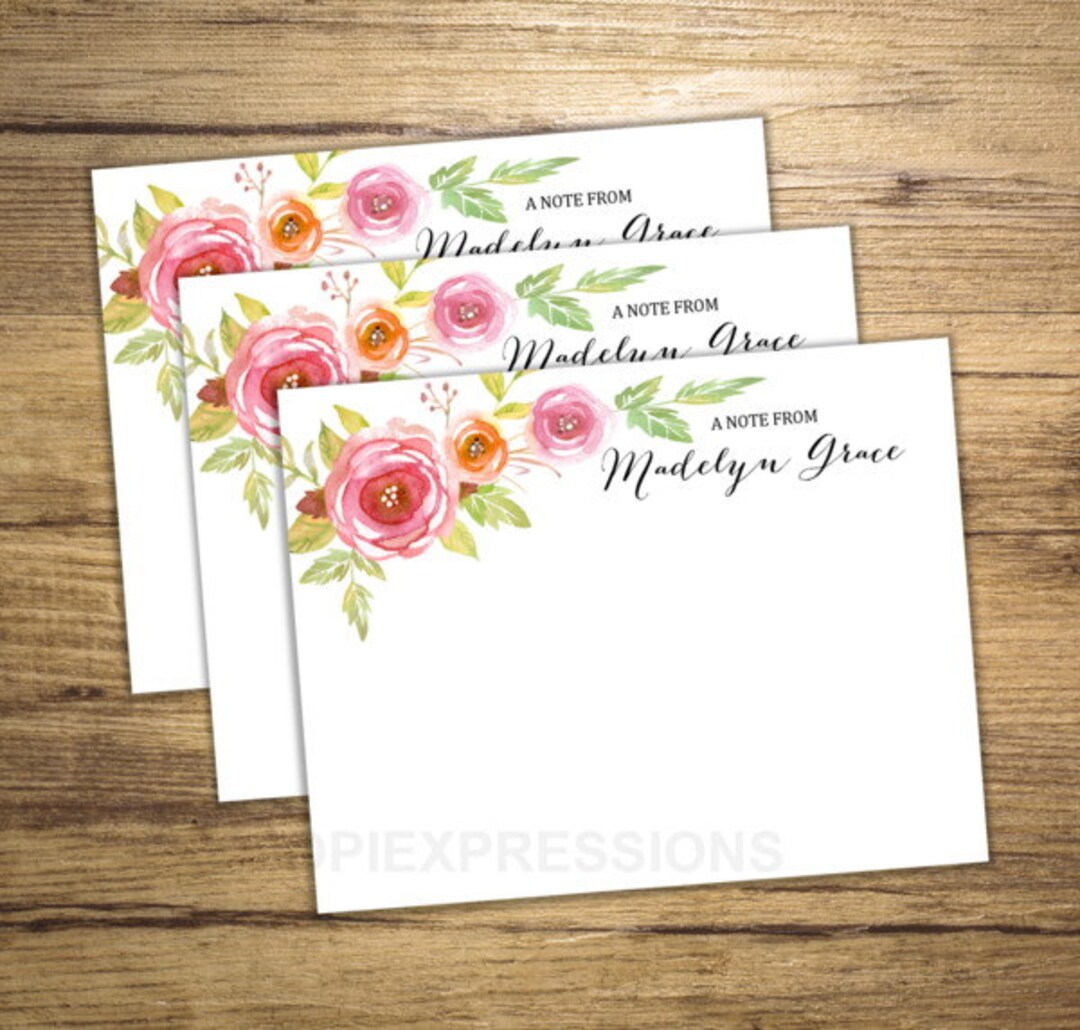 Custom Notecards, Personalized Flat Cards Set of 15, Floral Print Note ...