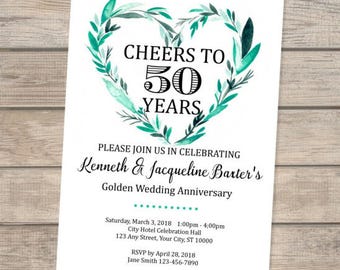 50th Garden Greenery Anniversary Invitation, Watercolor Greenery Heart Wreath Golden Anniversary Invitation, Garden 50th Anniversary Invite