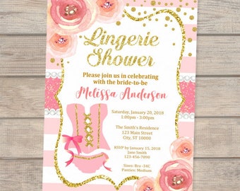 Lingerie Shower Invitation, Pink And Gold Lingerie Bridal Shower Invitation, Floral, Flowers and Stripes Invitation, Lingerie Invites