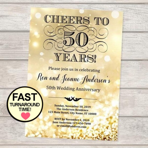 Golden Wedding Anniversary Invitation, Gold Bokeh 50th Anniversary Invitation, Custom Personalized Gold Glitter Effect Anniversary Invite