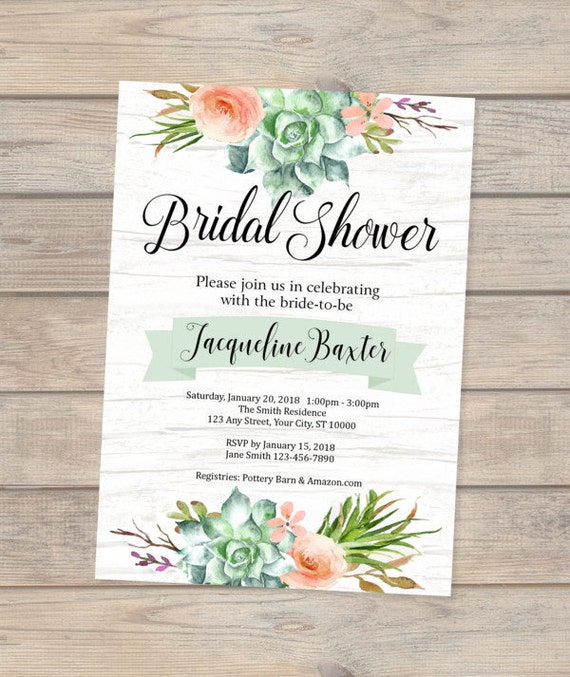 Succulent Bridal Shower Invitation, Watercolor Succulent Flowers Bridal Shower Invitation, Custom Rustic Succulents Bridal Shower Invite Il_570xn