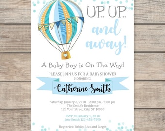 Blue Hot Air Balloon Baby Shower Invitation, Boy Baby Shower Vintage Hot Air Balloon Invites, Up Up And Away Invitation, Travel Baby Shower