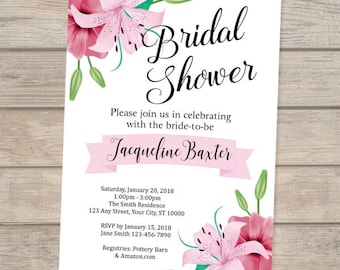 Lily Bridal Shower Invitation, Stargazer Lilies Bridal Shower  Invitation, Lily Flowers Bridal Shower invitation, Pink Lilies Invitation