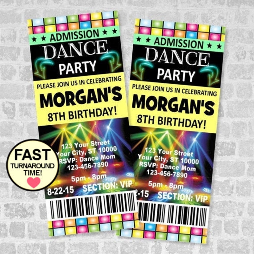 Ticket Dance Party Invitation, Custom Boy or Girl Dance Birthday Party