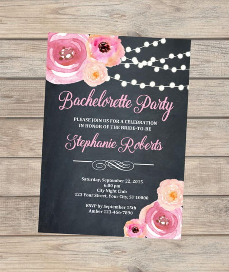 Bachelorette Party Invitation, Watercolor Flowers, Chalkboard And String Of Lights Bachelorette Party Invitation, Pink Flowers And Lights image 1