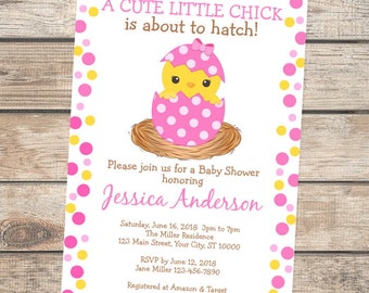 Baby Chick Baby Shower Invitation, Baby Girl Chick Baby Shower Invite, Cute Baby Chick Invitation, Polka Dots Baby Chick Invitation