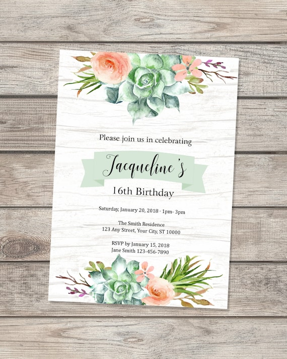 Succulent Birthday Party Invitation, Watercolor Cactus Succulent Flowers Invitation, Rustic Succulents Floral Birthday Party Invite Il_570xn