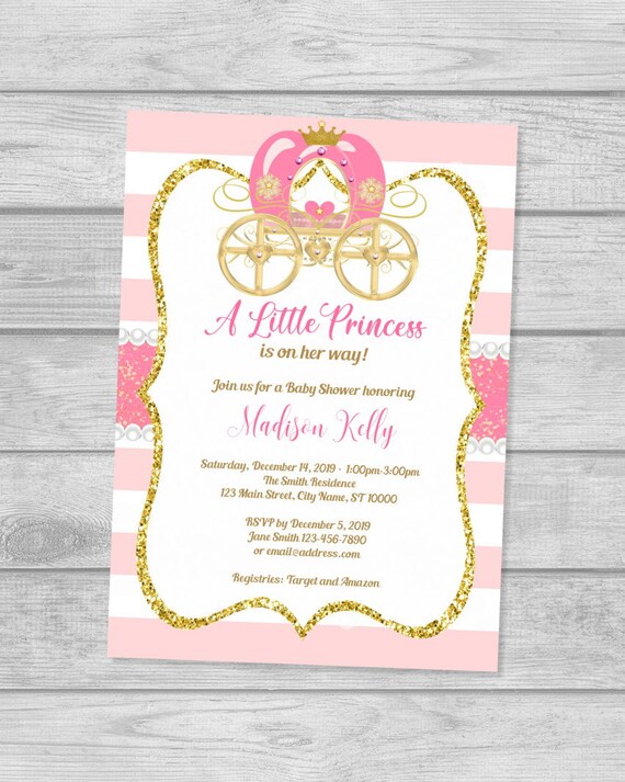 Princess Baby Shower Invitation, Pink and Gold Princess Carriage Baby Shower Invite for Girl, Stripes Princess Invitation Digital or Printed Il_570xn