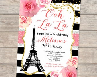 French Theme, Paris Birthday Invitation, Eiffel Tower Invitation, Paris Party Invitation, Ooh La La Invitation, Black White Stripes Floral