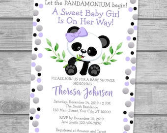 Panda Baby Shower Invitation For Baby Girl, Panda Bear Purple Shower Invitation, Panda Polka Dots Invitation, Panda Girl Baby Shower Invite