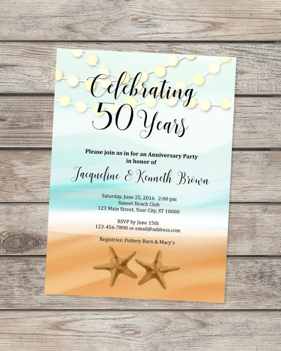 Beach 50th Anniversary Invitation, Starfish, String of Lights Invitation, Ocean and Sand Anniversary Invite, Beach Theme Anniversary Invite Il_570xn