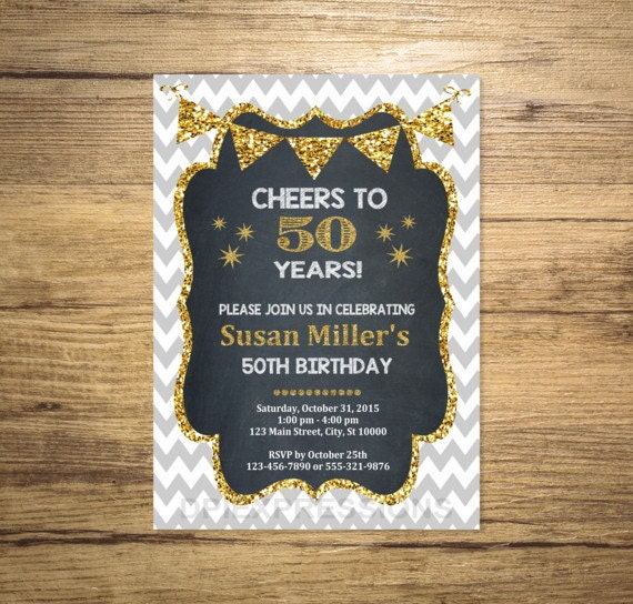 50th Birthday Invitation, 21st, 30th, 40th 60th Chevron And Gold (Digital) Glitter & Chalkboard Invitation, Cheers to 50 Years Invitation Il_570xn