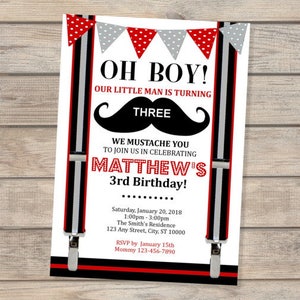 Mustache Birthday Party Invitations, Custom Little Man Mustache Bash Party Invites, Little Man Party, Black White Red Mustache Invitations