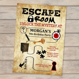 Escape Room Birthday Invitation, Escape Theme Invitation, Escape Mystery Party Invitation, Escape Room Invite Custom Escape Party Invitation