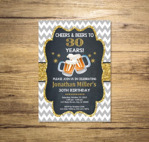 Cheers And Beers Invitation, Chevron, Chalkboard and (Digital) Gold Glitter 21st, 30th 40th 50th 60th Birthday Party Invitation Il_570xn
