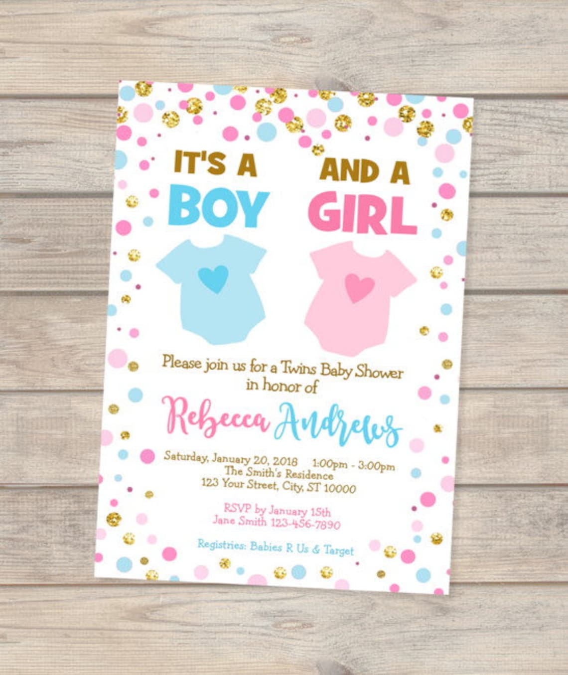Twins Blue And Pink Baby Shower Invitation Boy And Girl Twins Etsy