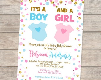 Twins Blue and Pink Baby Shower Invitation, Boy and Girl Twins Baby Shower Invitation, Custom Pink And Blue Twins Shower Invitation