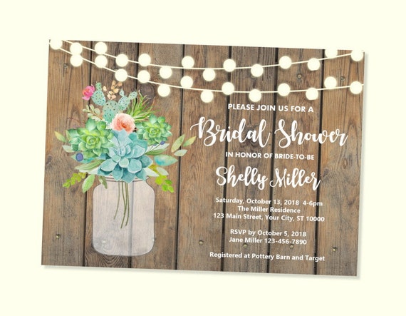 Rustic Succulent Bridal Shower Invitation, Succulents Mason Jar Bridal Invitations, Wood & String Of Lights Bridal Shower Invitations Il_570xn