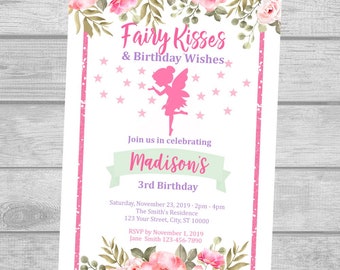 Fairy Birthday Party Invitation, Fairy And Flowers Invite, Fairy Kisses Magical Whimsical Floral Fairy Silhouette Birthday Invitation