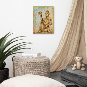 May include: A painting of a golden Buddha statue holding a lotus flower. The statue is sitting on a throne and is surrounded by a colorful background.