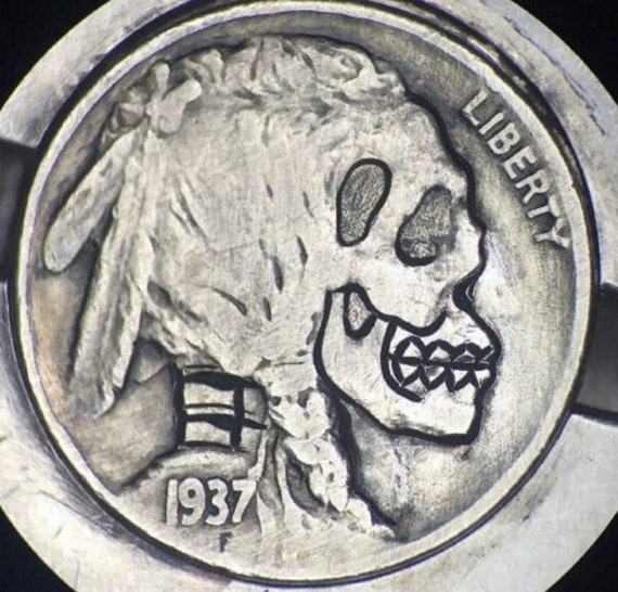 Hand Carved Zombie Skeleton Skull Hobo Nickel Coin Art Vintage | Etsy